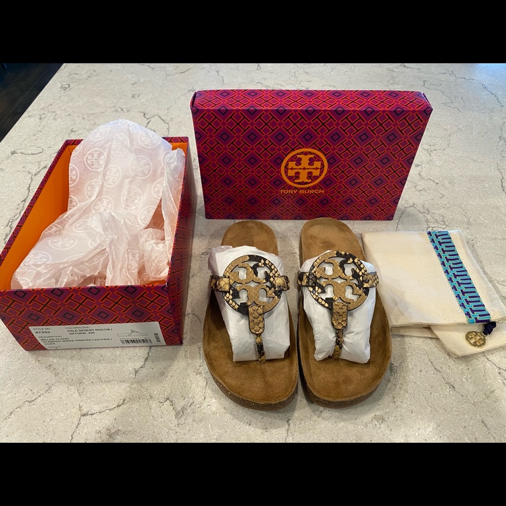 Tory Burch Miller Cloud Sandals, size 8, NWT, snake skin leather w/ cork bottom.